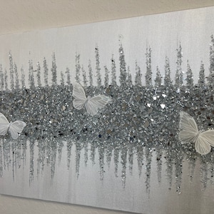 White Silver Butterfly Glitter Glass Wall Art, White Silver Glitter Glass Painting, Butterfly Decor, Glam Art, Glitter Art, Glass Art, Glam