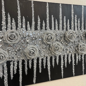 Black Gray Silver Glitter Glass Glam Painting, Flowers Wall Art, Gray Flowers Art, Glitter Wall Art, Bling Decor, Glam Wall Art, Glass Decor