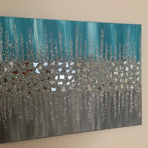 Turquoise & Teal Silver Glitter and Glass Painting, Glitter Painting, Glass  Painting, Glam Decor, Glam Decor, Glam Wall Art, Blue Paintings 