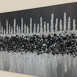 Black White Silver Glitter Glass Glam Painting, Glitter Wall Art, Glass Wall Art, Bling Decor, Crushed Glass Art, Black Decor, Silver Decor