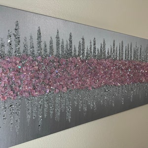 Pink Silver Glitter Glass Painting, Pink Gems Art, Glitter Wall Art, Glass Wall Art, Pink Painting, Glam Art, Silver Wall Art, Abstract