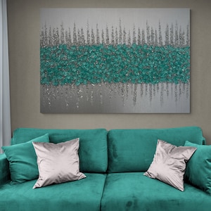 Teal Silver Glam Glitter Glass Wall Art, Teal Green Art, Glitter Wall Art, Glass Wall Art, Teal Painting, Silver Wall Art, Teal Bling Art