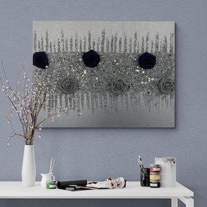 Silver Glitter Painting, Navy Blue and Gray Flowers Glass Painting, Glass Wall Art, Navy Blue Art, Silver Painting, Flowers Wall Art, Glam