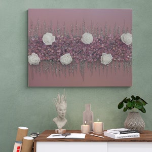 Blush Pink Glass & Glitter Painting, White Rose Painting, Flower Painting, Glitter Wall Art, Pink Art, Pink and Silver Art, Pink and White