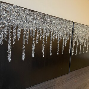 Black & Silver Glass Wall Art, Black Silver Painting, Silver Glitter and Glass Art, Glitter Wall Art, Glass Wall Art, Glitter Art, Glam Art