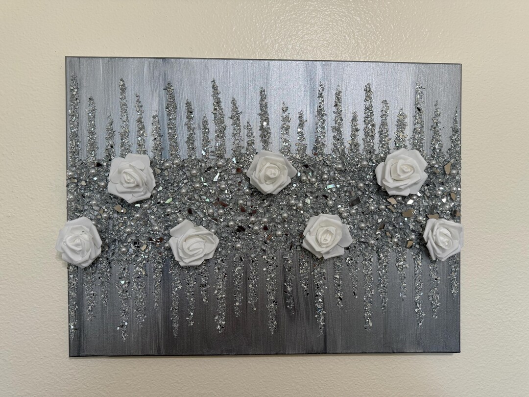 White Roses Glitter Painting, Silver Glitter Glass Art, White Silver ...