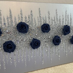 Navy Blue Flowers Glitter Glass Painting: Silver Glam Wall Art