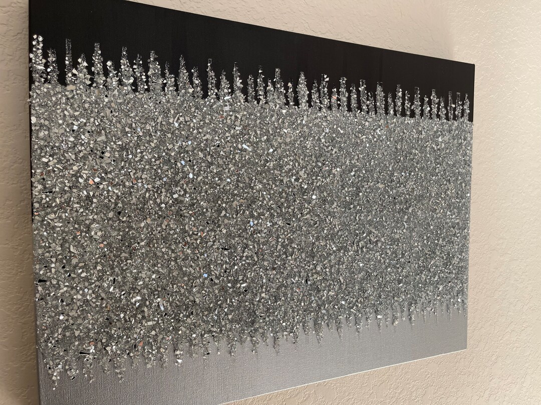 Black Silver Glitter Glass Painting, Glitter Wall Art, Silver Glitter