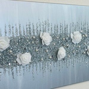 White Roses Glitter Painting, Silver Glitter Glass Art, White Silver Glitter Glass Art, Roses Wall Art, Silver Bling Wall Art, Glitter Art