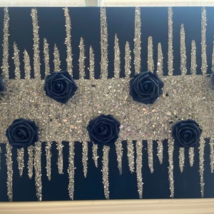 Navy Blue Rose Glitter Glass Painting: Silver Glam Wall Art