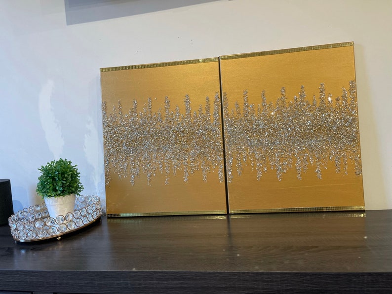 Gold & Silver Art Glitter Wall Art Set of 2 Glass Wall Art Etsy