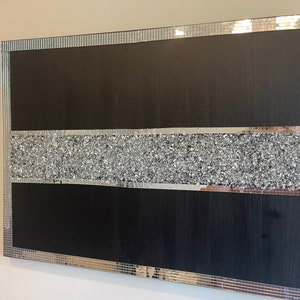 Black Silver Glitter Glass Painting, Black Silver Art, Crushed Diamond Glass Art ,Glam Decor, Bling Art, Mosaic Art, Black Art, Glitter Art