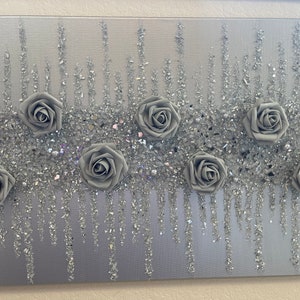 Silver Glitter Glass Painting, Gray Roses, Silver Glam Art, Flower Wall Art, Diamond Decor, Glitter Wall Art, Glass Wall Art, Silver Decor