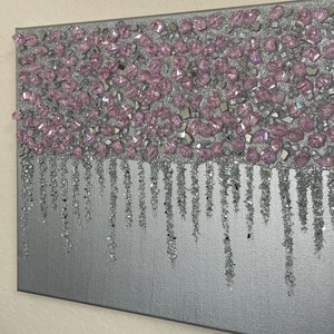 Pink Silver Glitter Glass Painting, Abstract Art, Pink Wall Art, Glam Pink Art, Glitter Wall Art, Glass Wall Art, Glam Drip Painting