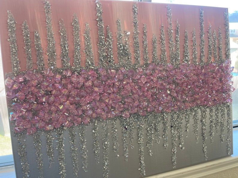 Pink Silver Glitter Glass Painting Pink Gems Art Silver Etsy