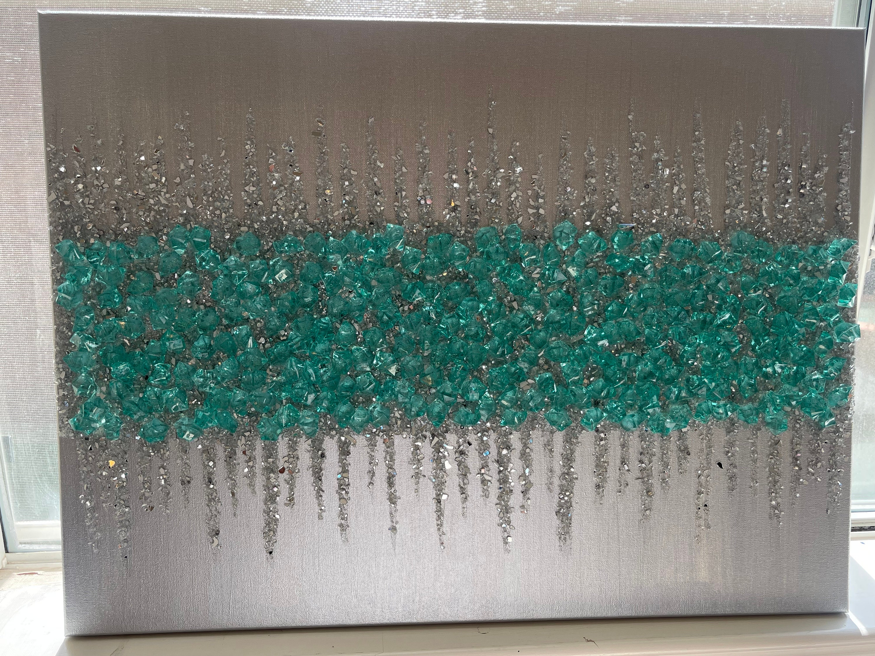 Teal Silver Glam Glitter Glass Wall Art, Teal Green Art, Glitter Wall