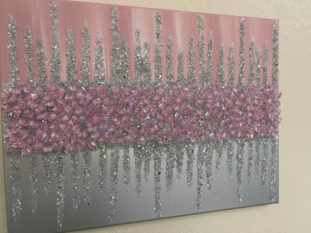 Pink Silver Glitter Glass Painting, Pink Gems Art, Silver Decor, Pink