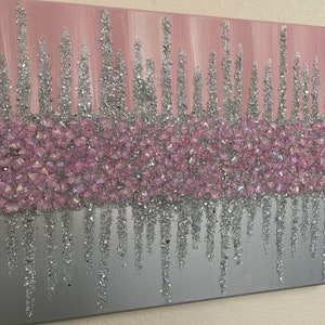 Pink Silver Glitter Glass Painting, Pink Gems Art, Silver Decor, Pink Wall Art, Home Decor, Glitter Art, Glass Art, Bling Art, Crushed Glass