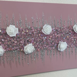 Blush Pink Glass & Glitter Painting, White Rose Painting, Flower Painting, Glitter Wall Art, Pink Art, Pink and Silver Art, Pink and White