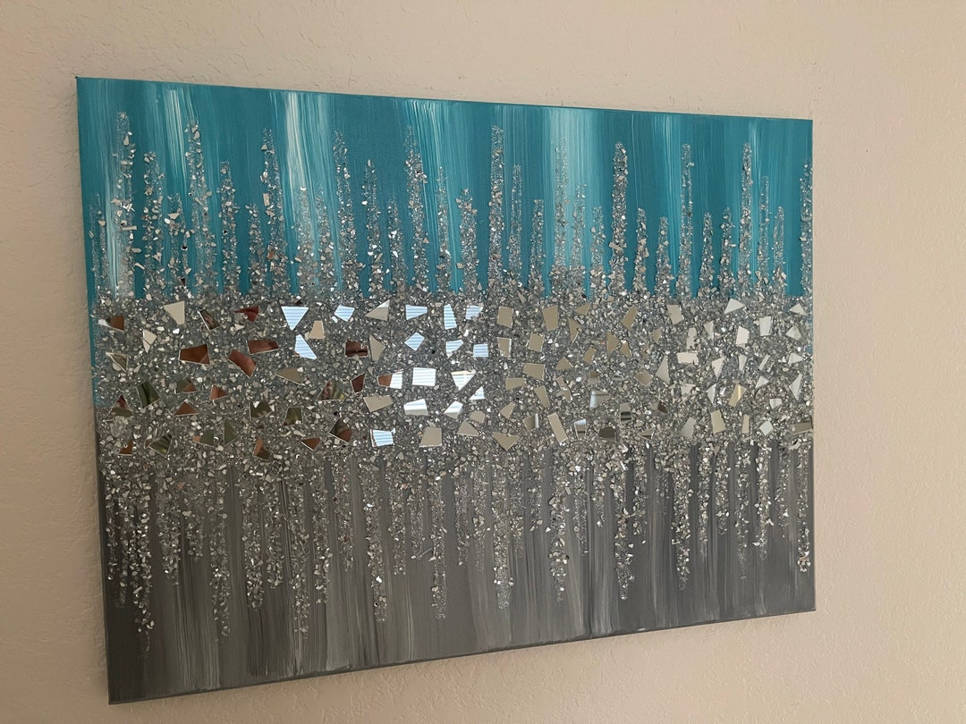 Teal Turquoise Silver Glitter Glass Glam Wall Art, Glitter Art, Glass