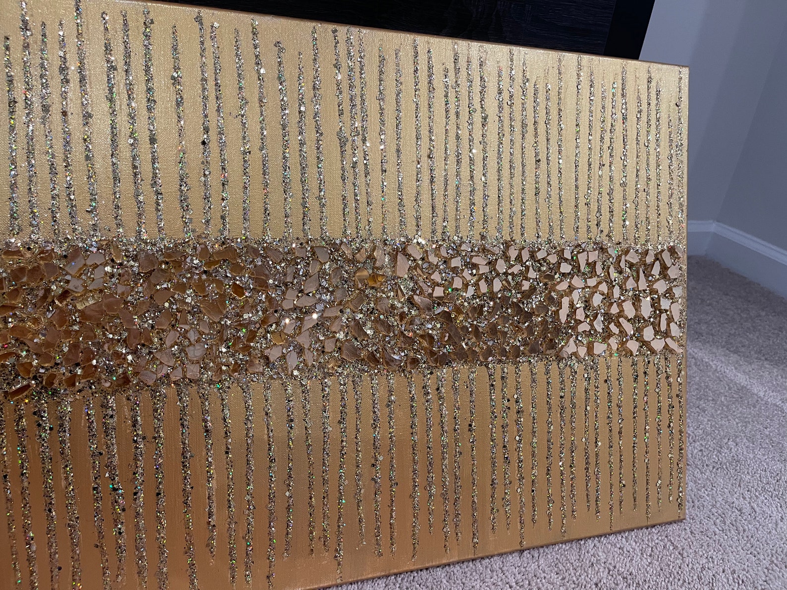 Gold Glitter Painting, Gold Glitter Art, Gold Glass Art, Gold Wall Art