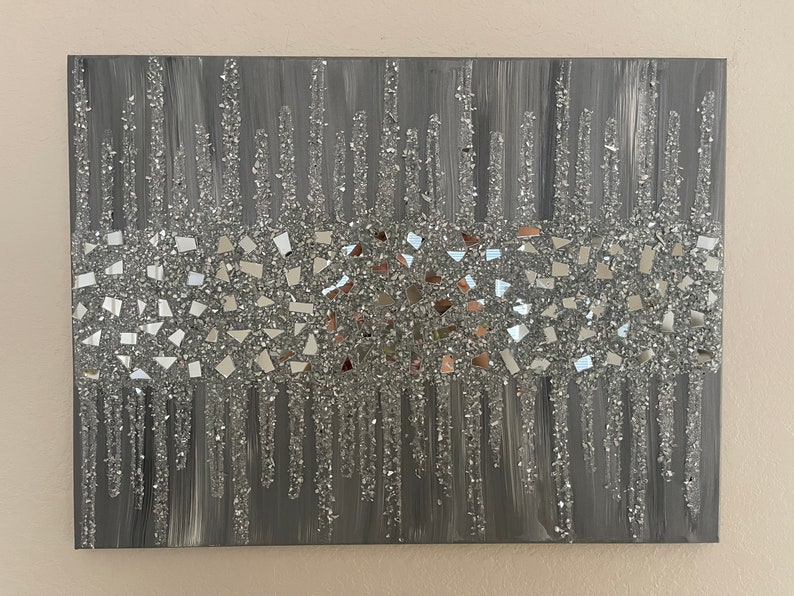 Silver Gray Glitter Glass Painting, Bling Wall Art, Silver Glitter Art
