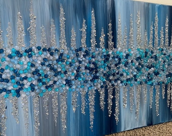 Blue Silver Glitter Glass Painting: Sparkly Bling Wall Art