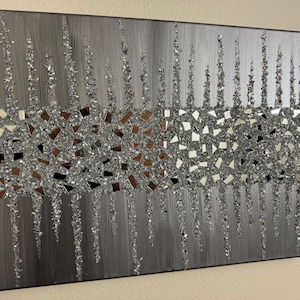 Silver Gray Glitter Glass Painting, Bling Wall Art, Silver Glitter Art, Glass Wall Art, Glam Decor, Silver Bling Art, Crushed Glass Art