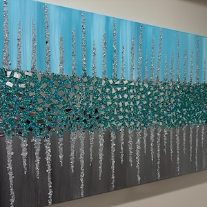 Turquoise Silver Glitter Glass Wall Art: Glam Bling Decor (24x36 inches)
