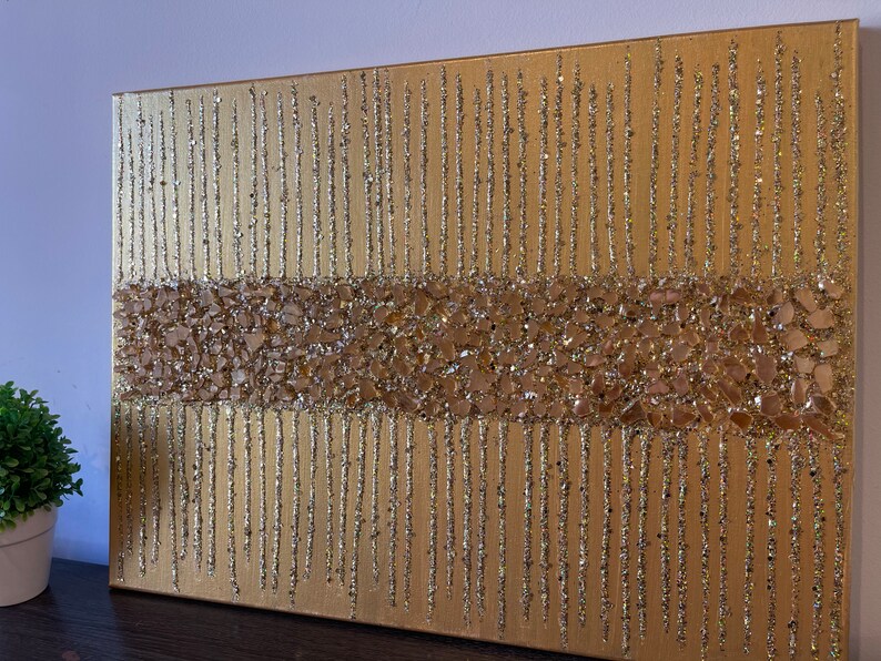 Gold Glitter Painting, Gold Glitter Art, Gold Glass Art, Gold Wall Art