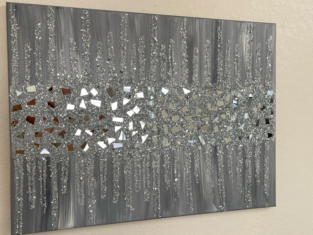 Silver Gray Glitter Glass Painting, Bling Wall Art, Silver Glitter Art