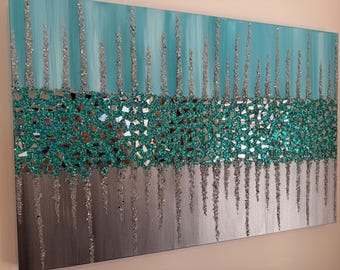 Décoration murale en verre scintillant argenté turquoise : décoration glam bling (24 x 36 po.)