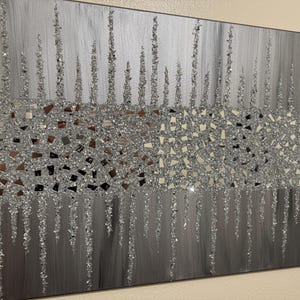 Silver Gray Glitter Glass Painting, Bling Wall Art, Silver Glitter Art, Glass Wall Art, Glam Decor, Silver Bling Art, Crushed Glass Art