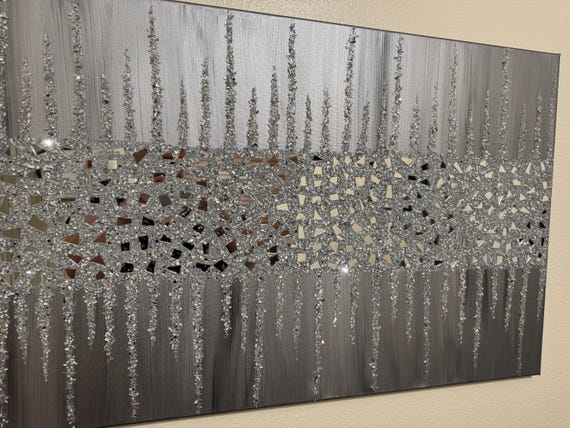 Silver Gray Glitter Glass Painting: Handmade Glam Wall Art