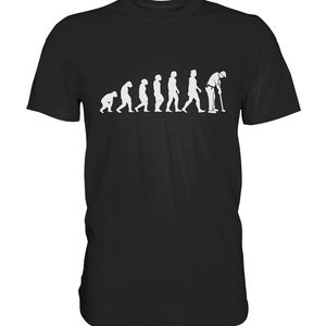 Könnte beinhalten: Schwarzes T-Shirt mit einer weißen Grafik der Evolution des Menschen, die mit einem Golfspieler endet, der einen Schläger schwingt.
