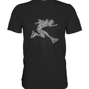 Peut inclure: T-shirt noir avec une silhouette blanche d'une personne faisant du roller en ligne. La silhouette est composée de mots liés au roller en ligne, tels que "roues", "roulements", "astuces" et "roller en ligne".