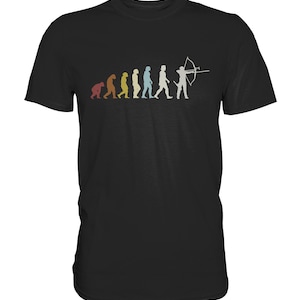 Könnte beinhalten: Ein schwarzes T-Shirt mit einer Vintage-Illustration der Evolution des Menschen, die mit einer Person endet, die einen Bogen und Pfeil hält.