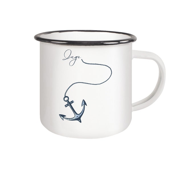 Emaille Tasse personalisiert Anker mit Namen Becher Segeln Geschenk Maritim