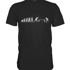 Könnte beinhalten: Schwarzes T-Shirt mit einer weißen Grafik, die die Evolution des Tischtennis zeigt. Die Grafik zeigt eine Reihe von Strichmännchen, die sich von einem Höhlenmenschen zu einem modernen Tischtennisspieler entwickeln.