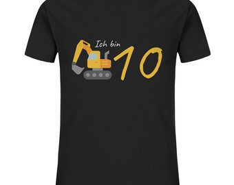 T-shirt feestvarken graafmachine 10 jaar - cadeau-ideeën voor jongens - biologisch verjaardagsshirt voor kinderen