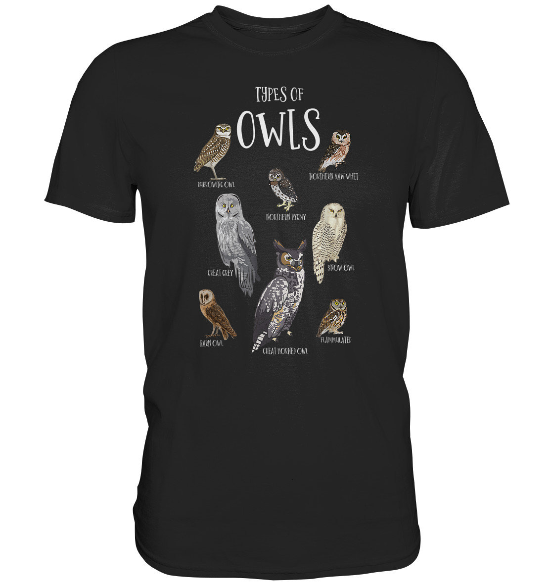 Types of Owls Vögel Wald Natur T-Shirt mit Eule - Premium Shirt