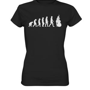 Może przedstawiać: Czarny T-shirt z białą sylwetką ewolucji człowieka, kończącą się na osobie grającej na kontrabasie.