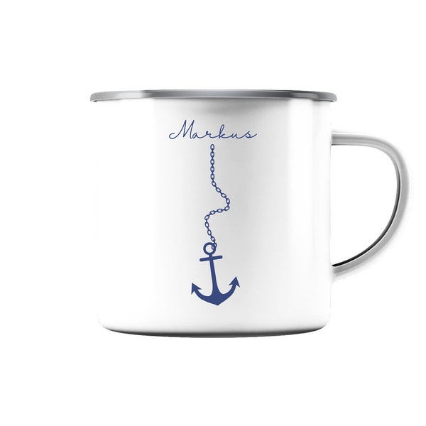 personalisierte Emaille Tasse mit Anker und Namen Becher Schiff Geschenk Maritim