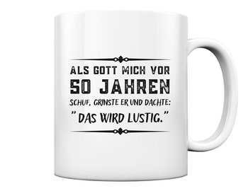 Lustige Tasse 'Als Gott Mich Schuf Fing Er An Zu Grinsen' – Spülmaschinenfest, 330 Ml, Beidseitig Bedruckt