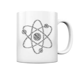 Può includere: Una tazza in ceramica bianca con un design di atomo nero. L'atomo è composto da parole relative alla fisica, come "moto", "onde", "luce", "energia" e "forze".