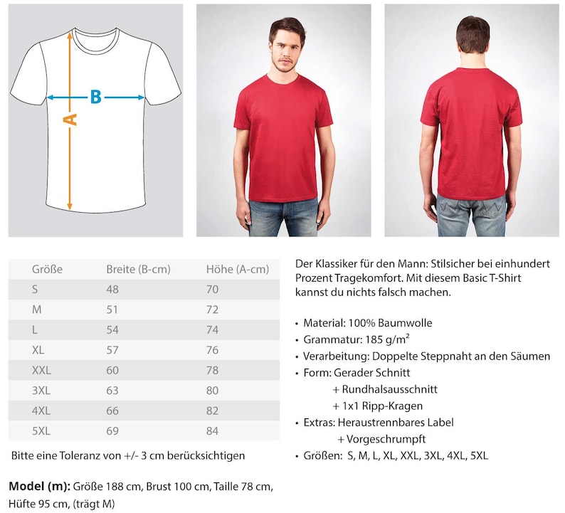 Pu&ograve; includere: Tabella delle taglie per una t-shirt basic con collo rotondo e maniche corte. La tabella mostra la taglia, la larghezza e l'altezza in centimetri. Il testo dice "Il classico per l'uomo: Elegante con un comfort al cento per cento. Con questa t-shirt basic non puoi sbagliare."