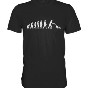 Könnte beinhalten: Schwarzes T-Shirt mit einer weißen Silhouette der Evolution des Menschen, die mit einem Rasenmäher endend.