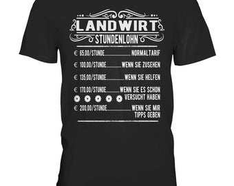 May include: Black t-shirt with white text that reads "LANDWIRTS STUNDENLOHN" and a list of hourly rates for different levels of assistance. The rates are in Euros.