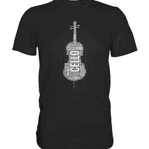 Może przedstawiać: Czarny T-shirt z białym wzorem w kształcie wiolonczeli, utworzonym z wyrazów związanych z instrumentem, takich jak "wiolonczela", "włosy wiolonczeli" i "wiolonczelista".