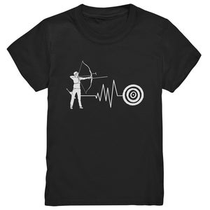 Pode incluir: Camiseta preta com uma silhueta branca de um arqueiro mirando uma flecha em um alvo com uma linha de batimento cardíaco conectando os dois. O texto "Archery" está impresso abaixo da imagem.